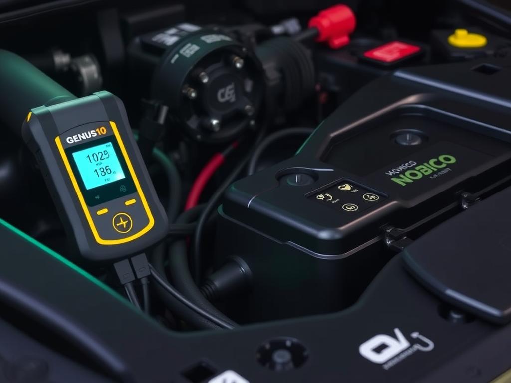 NOCO Genius10 battery charger connected to a car battery NOCO Genius10 battery charger connected to a car battery