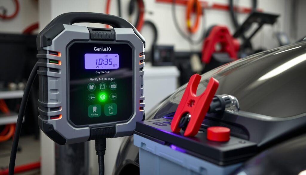 NOCO Genius10 best car battery charger in use on a vehicle NOCO Genius10 best car battery charger in use on a vehicle