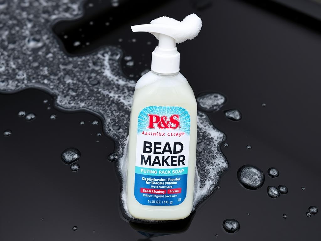 P&S Bead Maker Soap bottle with foam and water beading on black car P&S Bead Maker Soap bottle with foam and water beading on black car