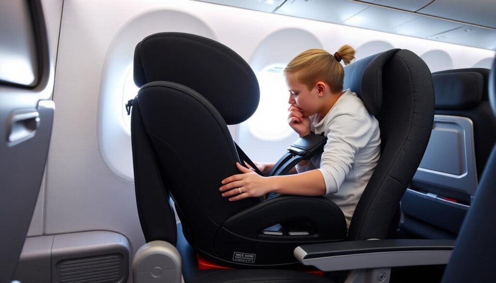 Parent installing car seat on airplane showing proper technique Parent installing car seat on airplane showing proper technique