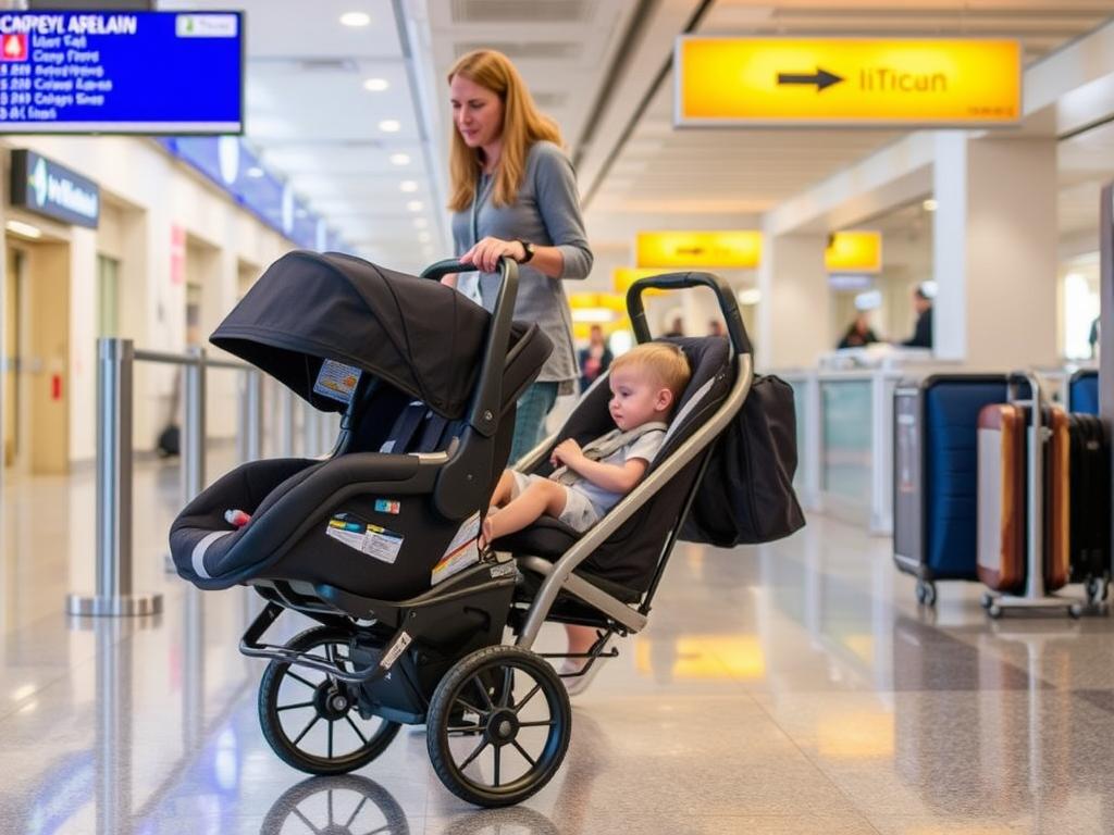 Parent using car seat travel cart in airport with child Parent using car seat travel cart in airport with child