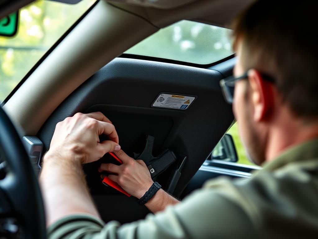 Person checking a gun mount in a car for safety Person checking a gun mount in a car for safety