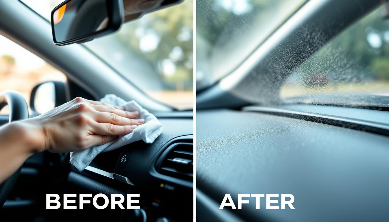 Person cleaning car dashboard with interior wipes