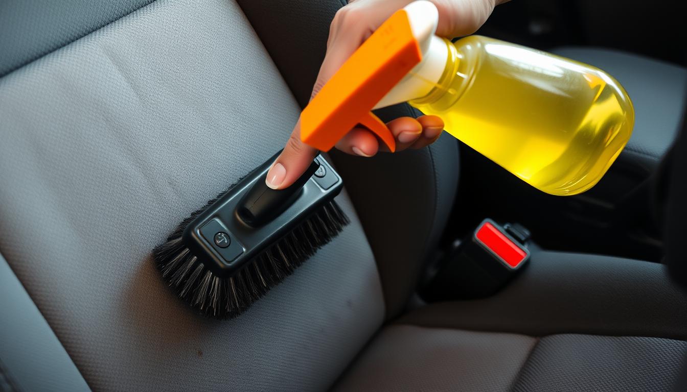 Person cleaning car upholstery with a brush and spray bottle