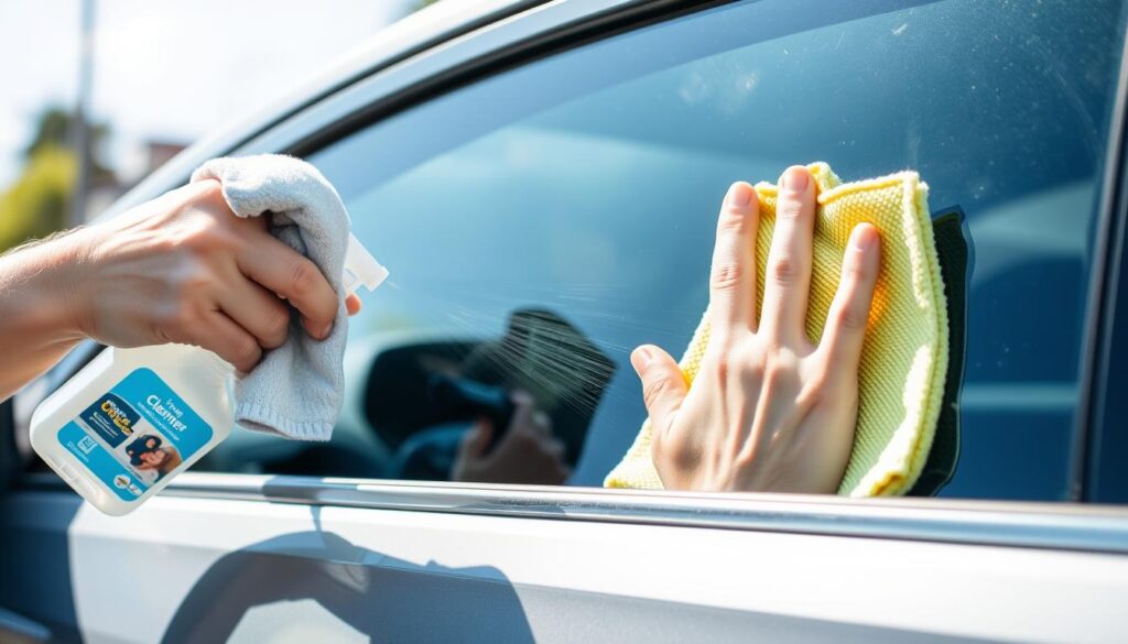 Person cleaning car window with proper technique using microfiber towel Person cleaning car window with proper technique using microfiber towel