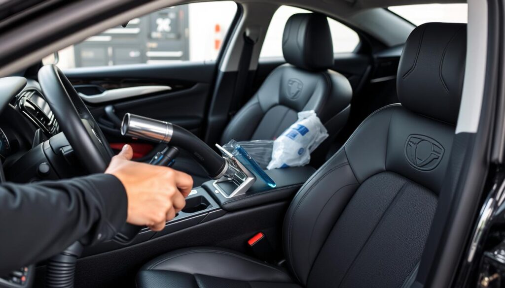 Person detailing car interior with vacuum Person detailing car interior with vacuum