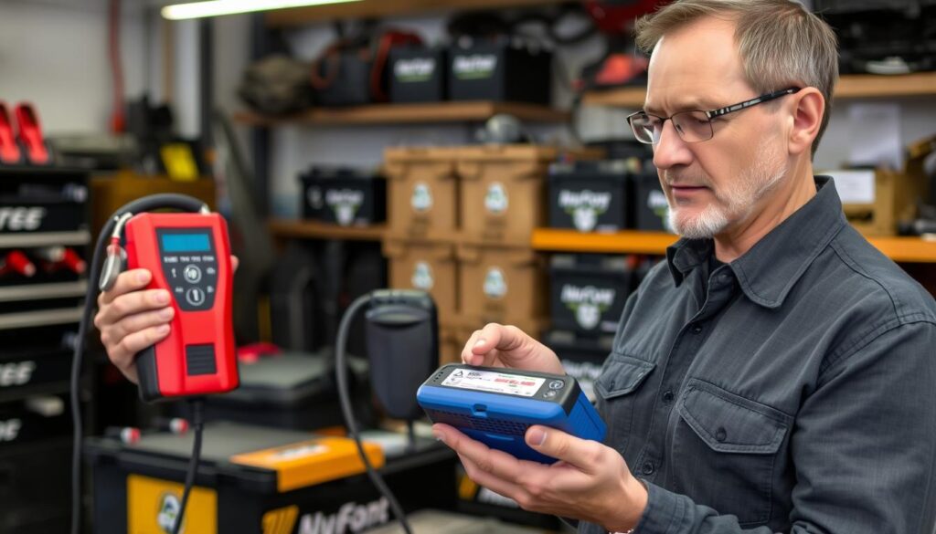 Person examining different types of car battery chargers in a garage Person examining different types of car battery chargers in a garage