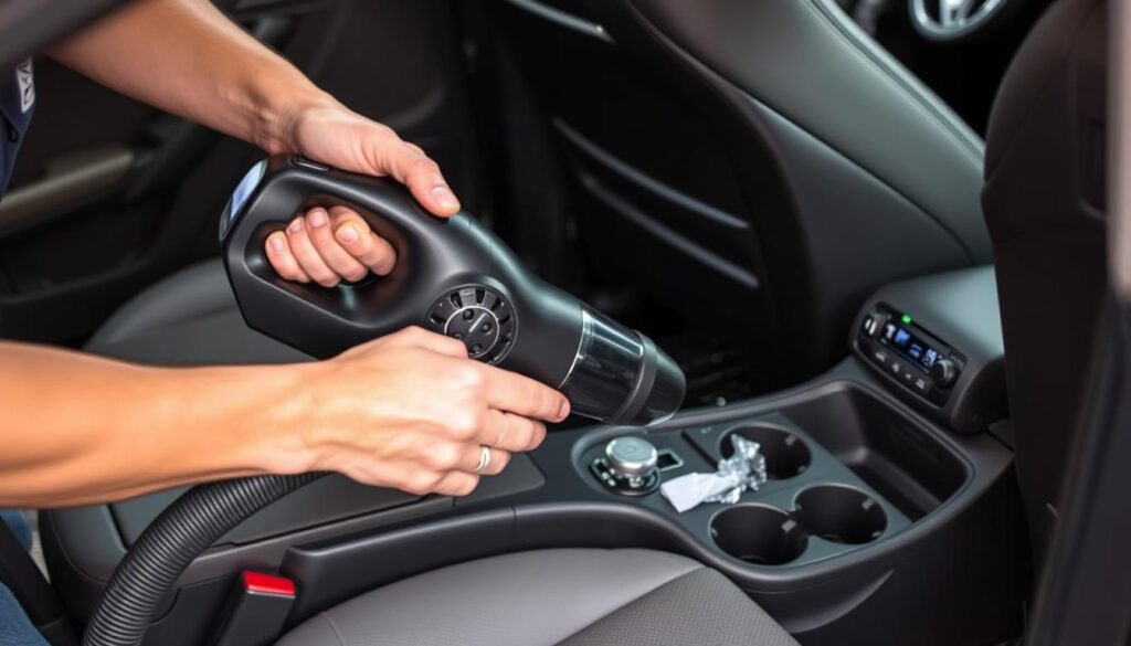 Person using vacuum cleaner for car interior detailing