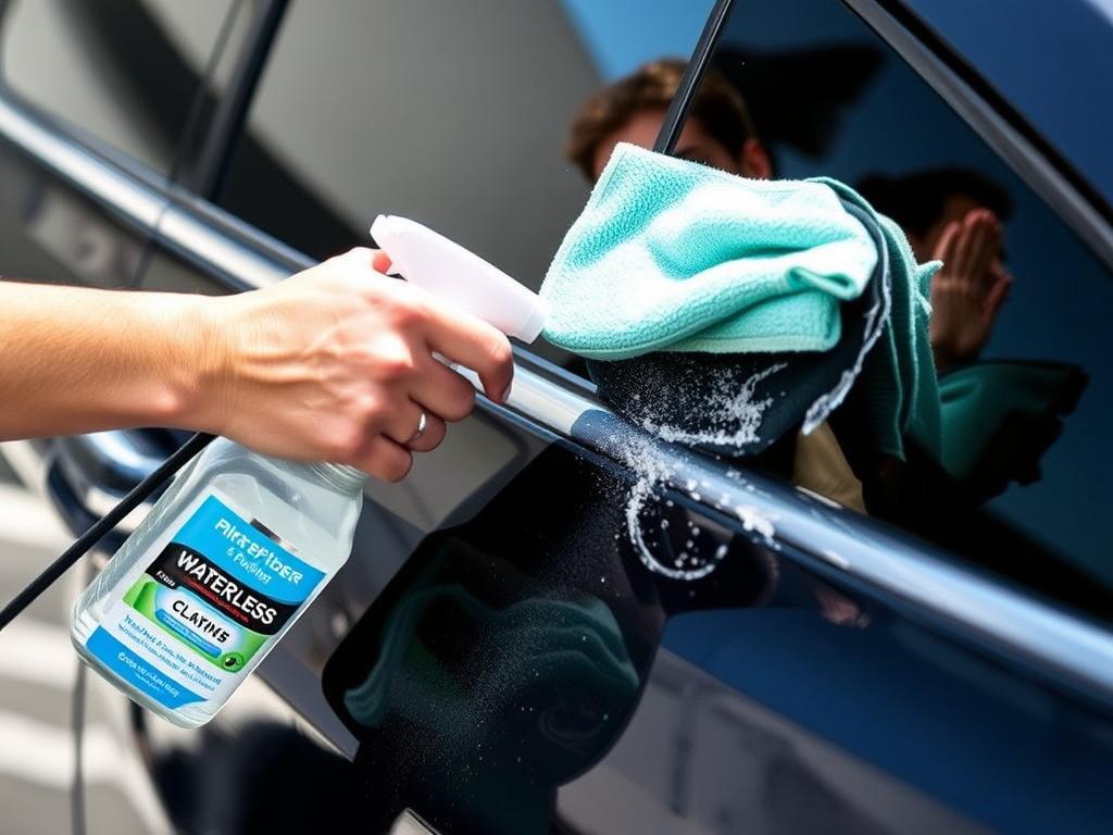 Person using waterless car wash spray on a vehicle - best waterless car wash technique demonstration Person using waterless car wash spray on a vehicle - best waterless car wash technique demonstration