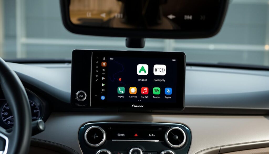 Pioneer DMH-WT8600NEX car stereo installed in dashboard showing wireless Apple CarPlay interface Pioneer DMH-WT8600NEX car stereo installed in dashboard showing wireless Apple CarPlay interface