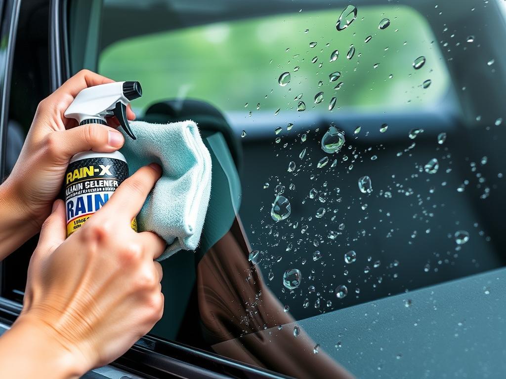 Rain-X Glass Cleaner + Rain Repellent being applied to car window Rain-X Glass Cleaner + Rain Repellent being applied to car window