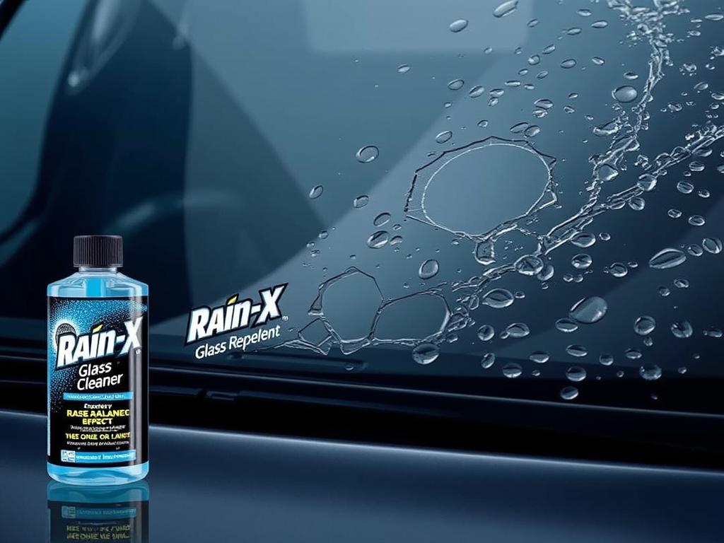 Rain-X Glass Cleaner with Rain Repellent showing water beading effect Rain-X Glass Cleaner with Rain Repellent showing water beading effect