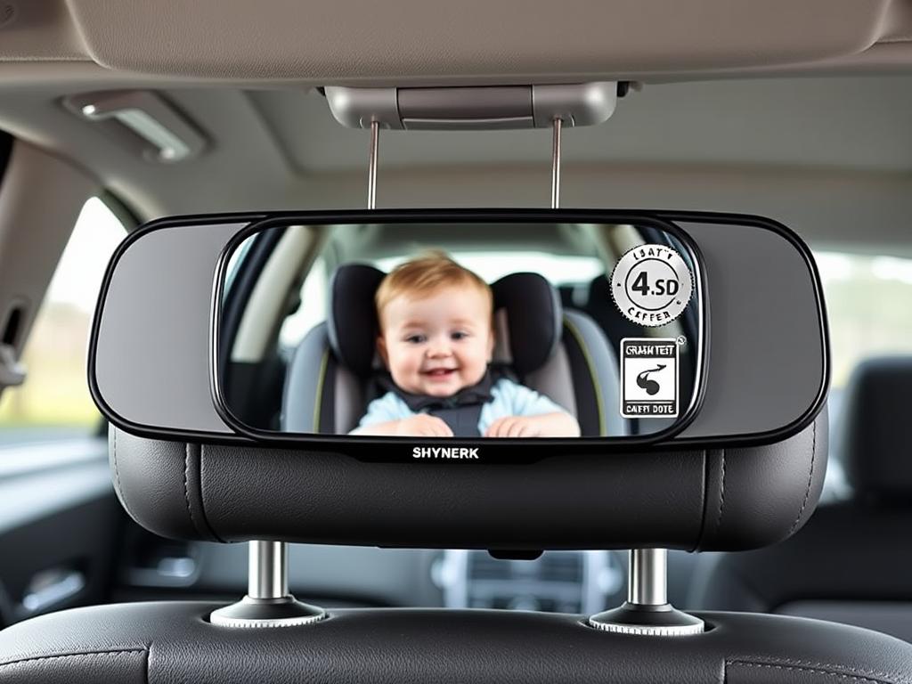 Shynerk Baby Car Mirror showing wide crystal clear view and crash-tested certification