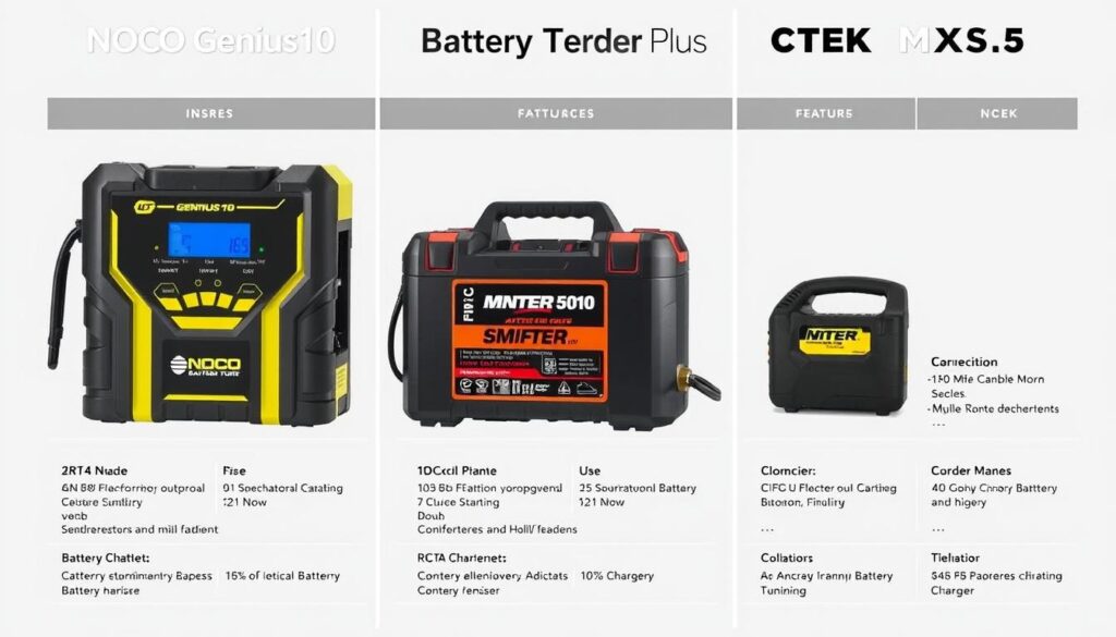 Side-by-side comparison of the top three battery chargers showing their features Side-by-side comparison of the top three battery chargers showing their features