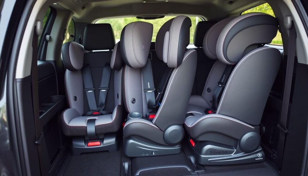 Three slim car seats installed side by side in a vehicle back seat