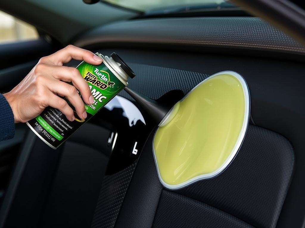 Turtle Wax Hybrid Solutions Ceramic Interior Detailer being applied to car interior surfaces Turtle Wax Hybrid Solutions Ceramic Interior Detailer being applied to car interior surfaces