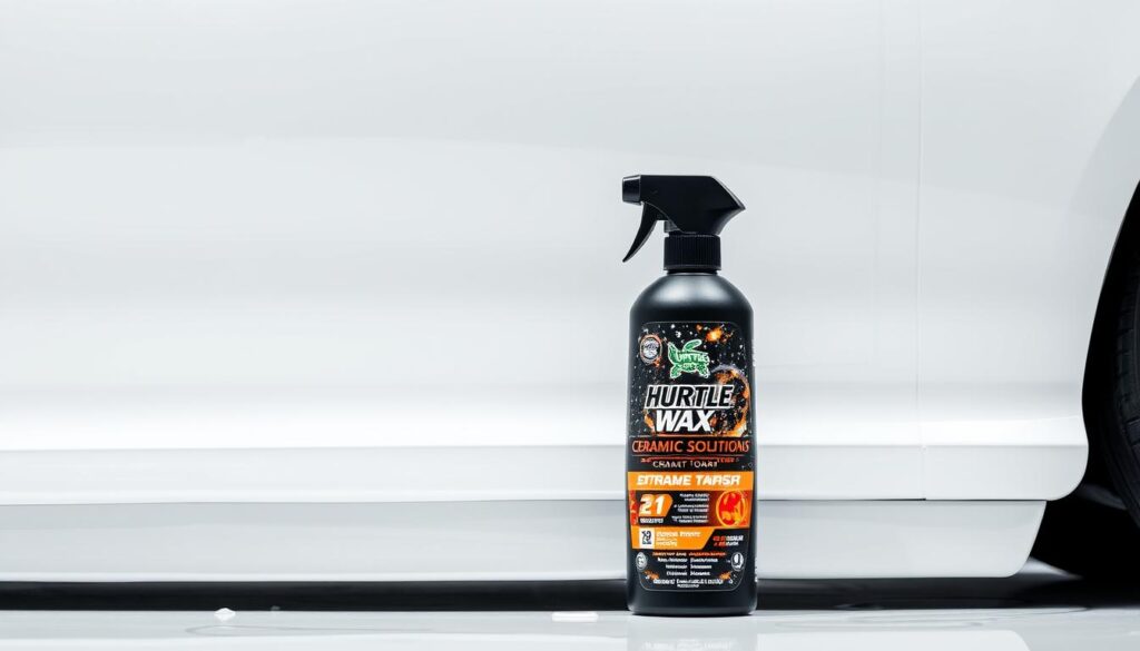 Turtle Wax Hybrid Solutions Ceramic Spray Wax bottle and application showing water beading Turtle Wax Hybrid Solutions Ceramic Spray Wax bottle and application showing water beading