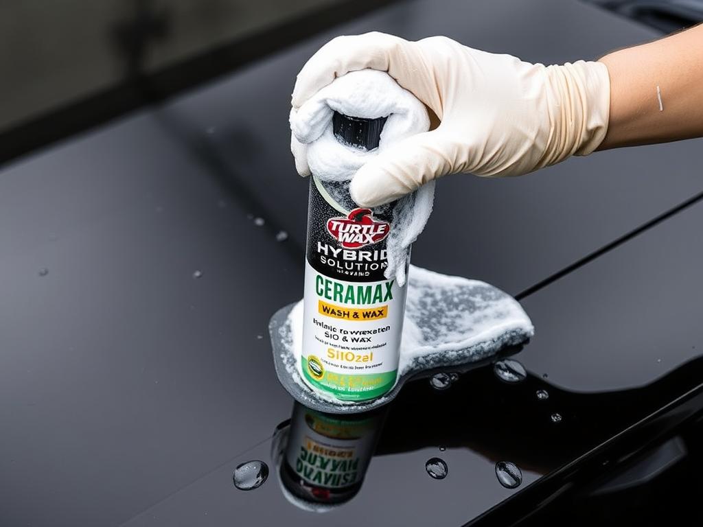 Turtle Wax Hybrid Solutions Ceramic Wash & Wax bottle with SiO2 foam on black car Turtle Wax Hybrid Solutions Ceramic Wash & Wax bottle with SiO2 foam on black car