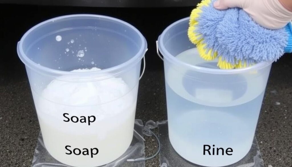 Two-bucket wash method demonstration with grit guards Two-bucket wash method demonstration with grit guards