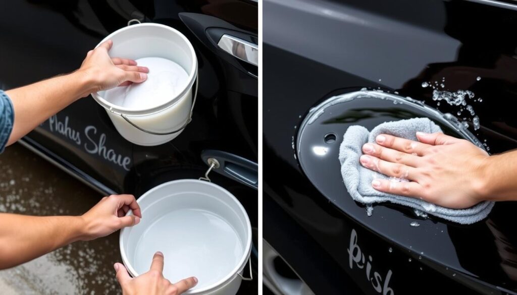Two-bucket washing method being used on a black car Two-bucket washing method being used on a black car