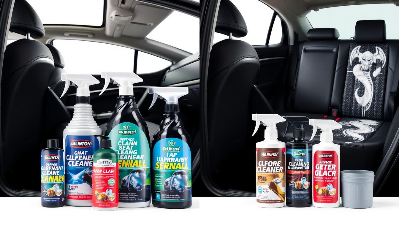Various car seat cleaners being used on stained upholstery