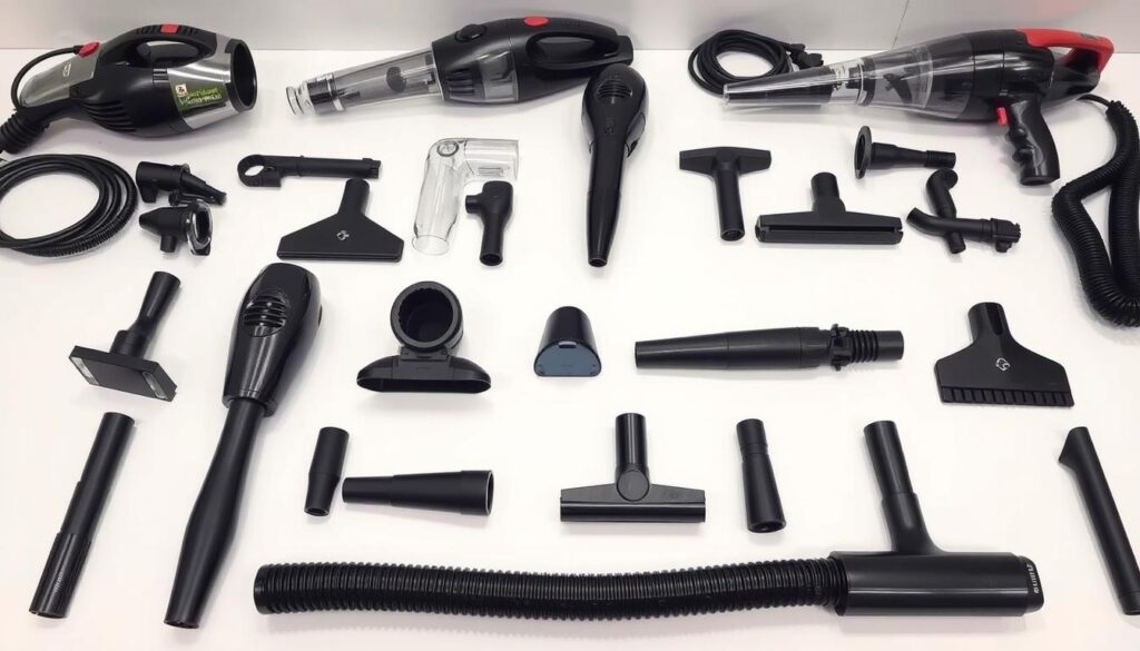 Various car vacuum cleaners with different attachments displayed