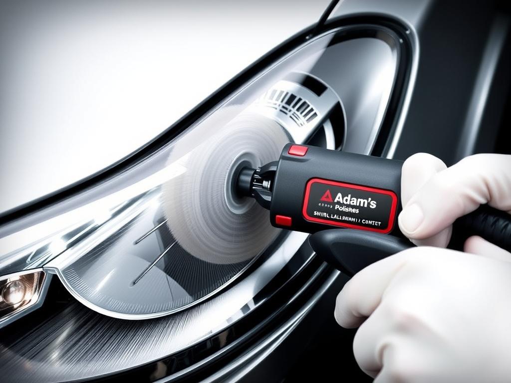 Adam's Polishes Swirl Killer Mini cordless polisher being used on a car headlight