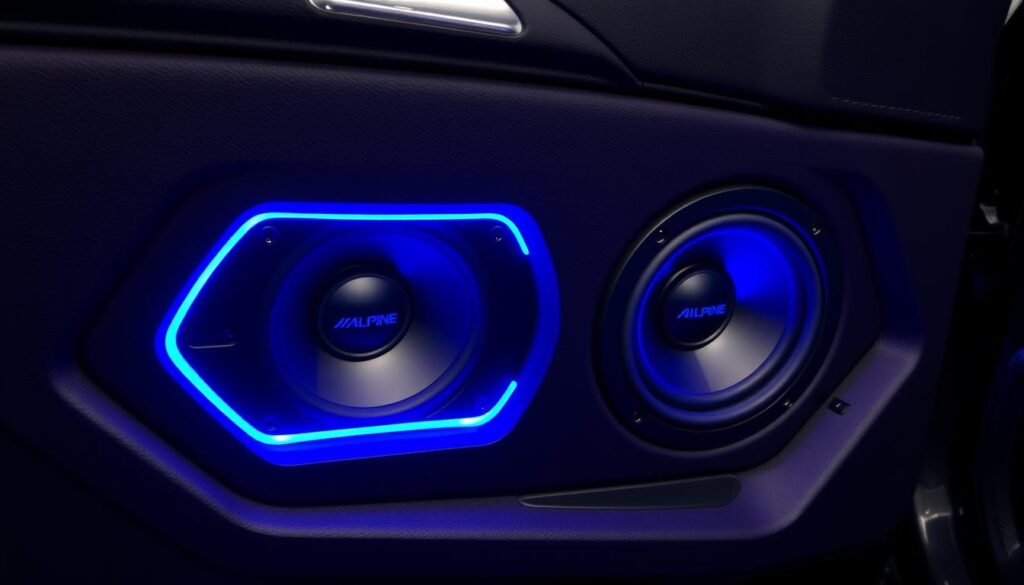 Alpine R-Series speakers installed in a car door with blue accent lighting - best car speaker brand for clarity