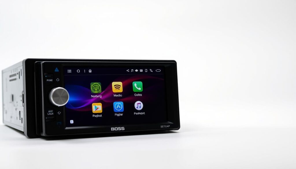 BOSS BE10ACP Android car stereo with 7-inch touchscreen showing media player interface
