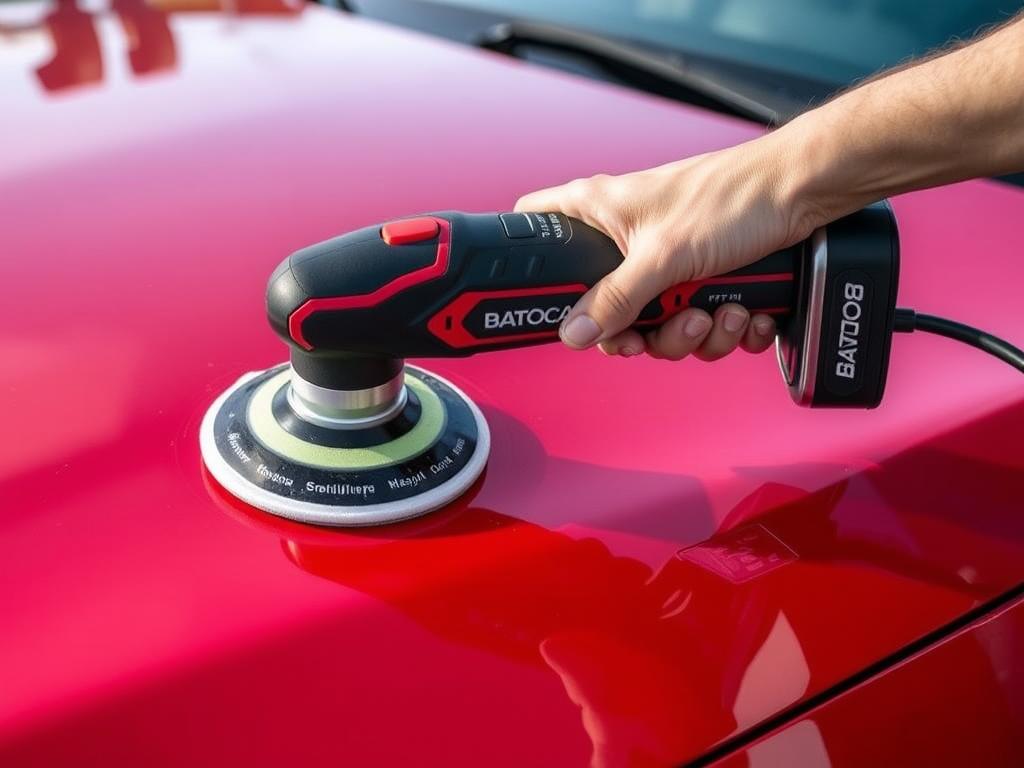 Batoca cordless car polisher being used on a car hood