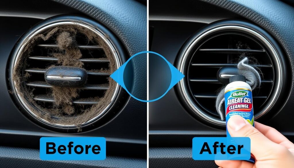 Before and after comparison of car vents cleaned with car cleaning gel