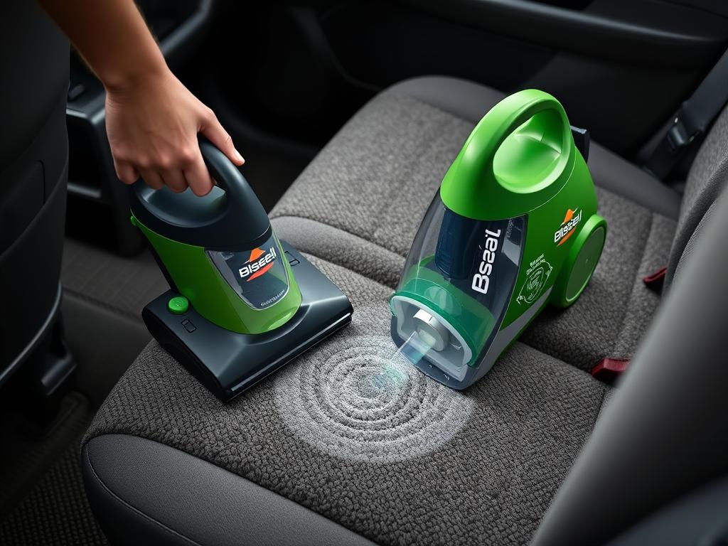 Bissell Little Green portable carpet cleaner being used on car seat