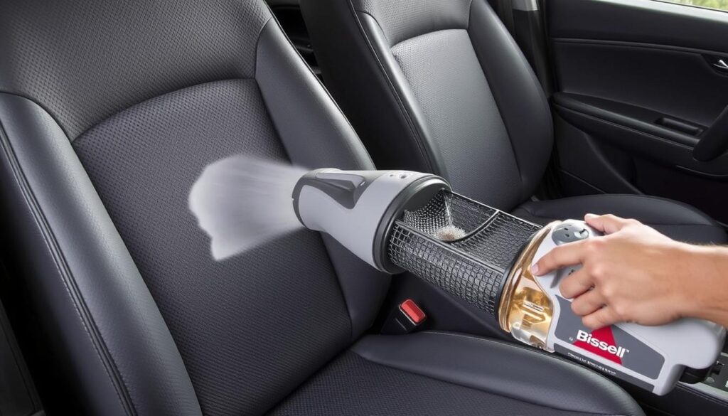 Bissell SpotClean Pro 3624 car carpet cleaner machine in action cleaning car upholstery Bissell SpotClean Pro 3624 car carpet cleaner machine in action cleaning car upholstery