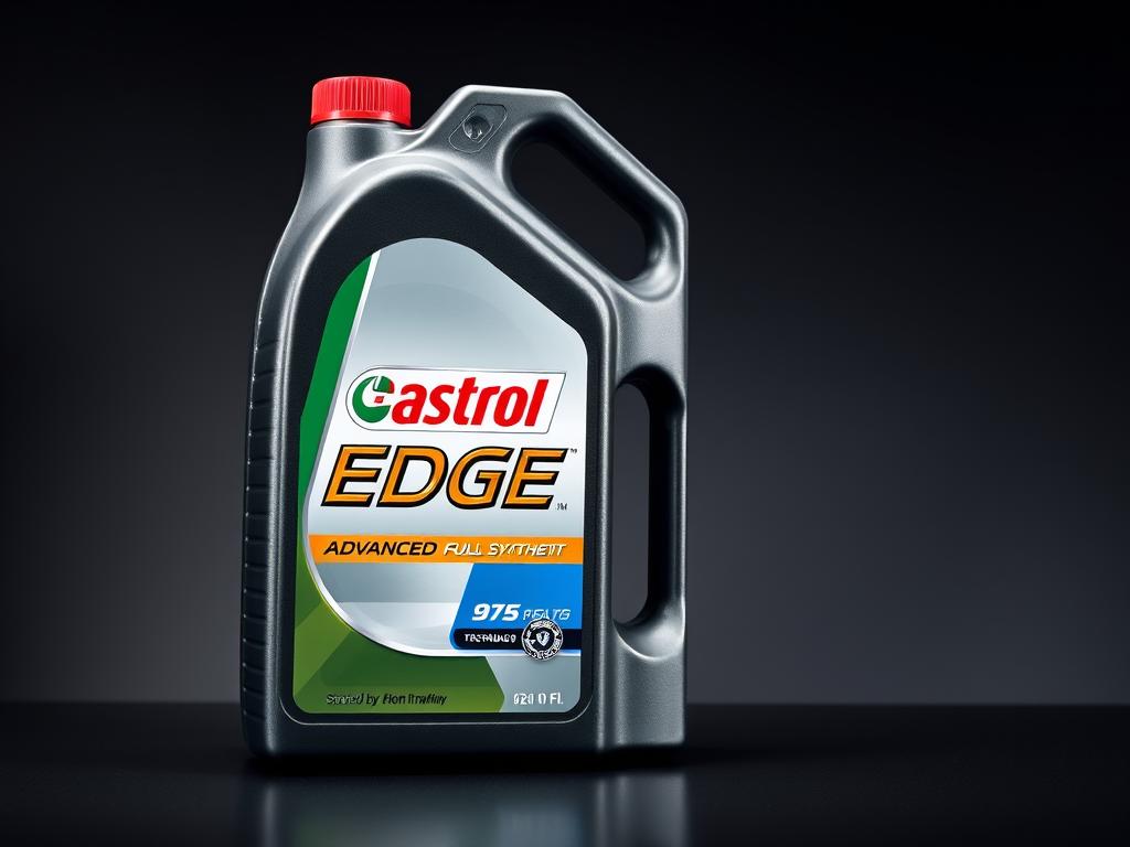 Bottle of Castrol EDGE Advanced Full Synthetic motor oil with Fluid Titanium Technology label Bottle of Castrol EDGE Advanced Full Synthetic motor oil with Fluid Titanium Technology label