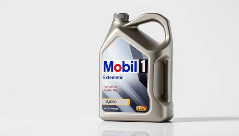 Bottle of Mobil 1 Extended Performance Full Synthetic Motor Oil showing the 15,000 mile protection label