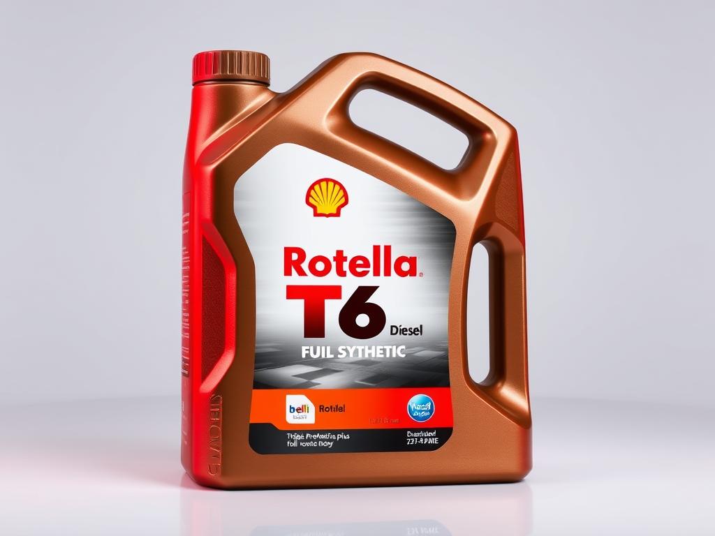 Bottle of Shell Rotella T6 Full Synthetic diesel engine oil with Triple Protection Plus technology Bottle of Shell Rotella T6 Full Synthetic diesel engine oil with Triple Protection Plus technology