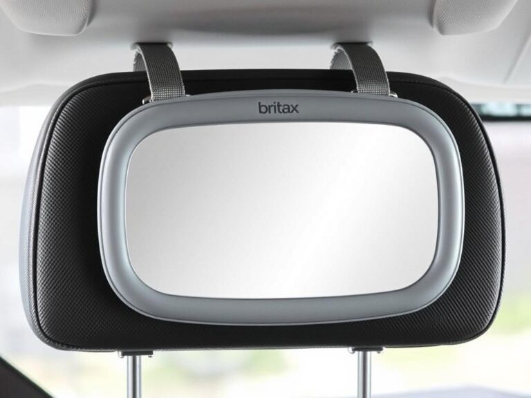 Britax Baby Car Mirror showing wide viewing angle and dual-strap attachment system