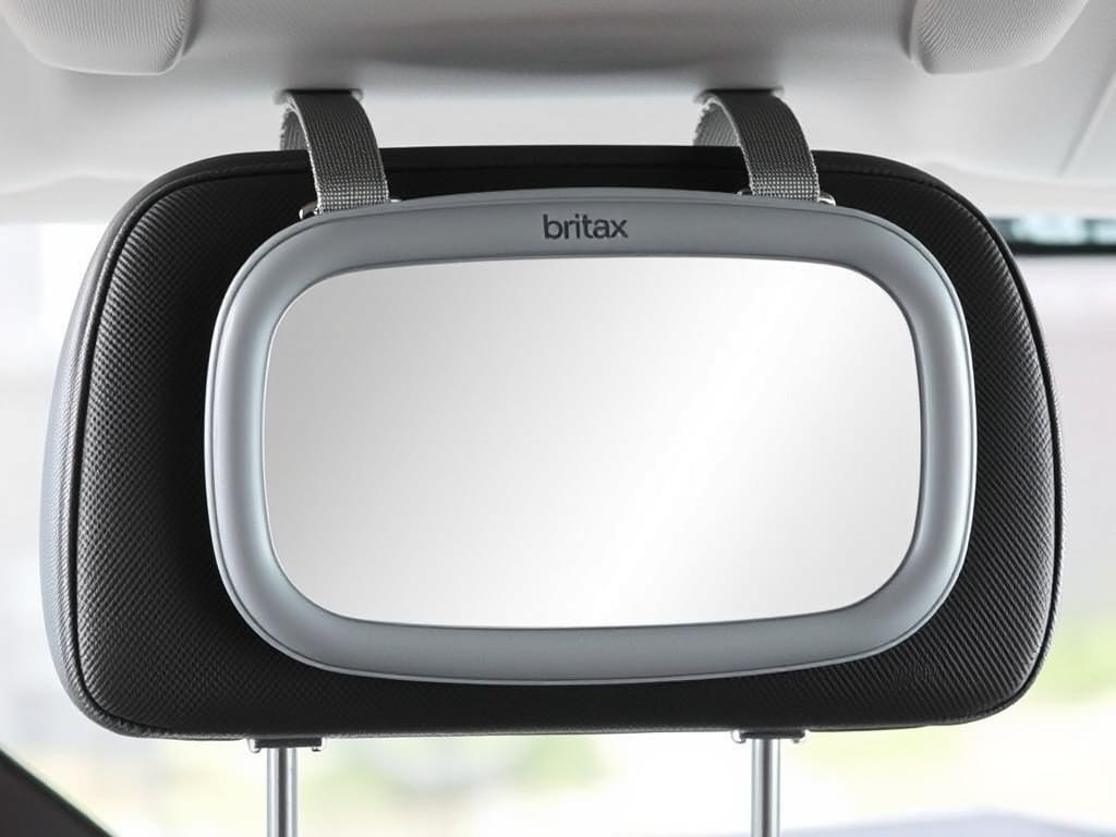 Britax Baby Car Mirror showing wide viewing angle and dual-strap attachment system