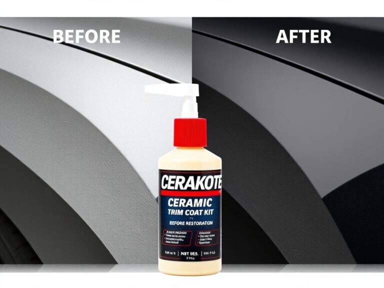 CERAKOTE Ceramic Trim Coat Kit applied to car trim showing before and after results