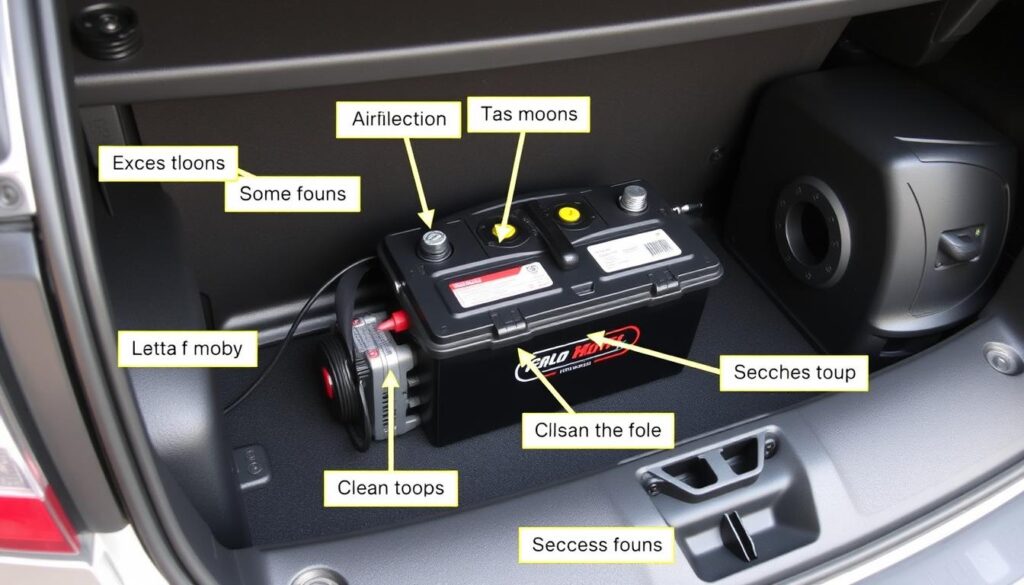 Car audio battery installation guide showing battery placement and connections