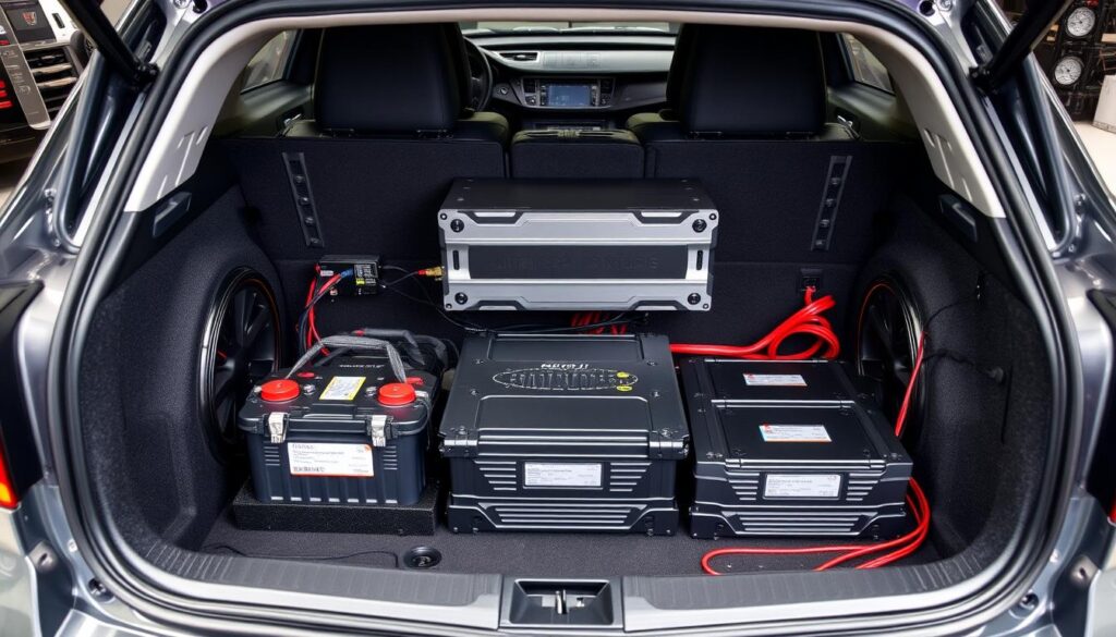 Car audio system installation with battery and amplifiers