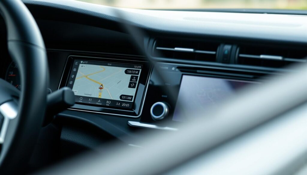 Car interior with modern double din stereo showing navigation Car interior with modern double din stereo showing navigation