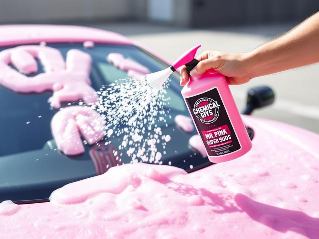 Chemical Guys Mr. Pink Super Suds creating thick pink foam on a car surface