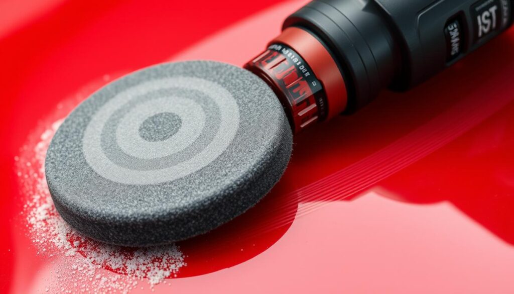 Close-up of a cordless car polisher removing swirl marks from red paint