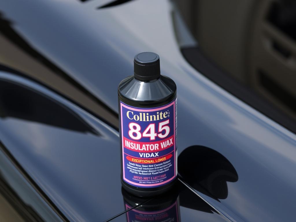 Collinite 845 Insulator Wax bottle with application on black car