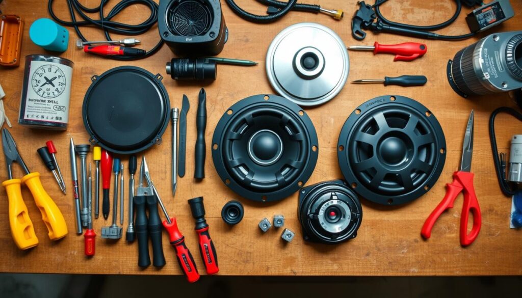 DIY car speaker installation tools and components laid out for installation