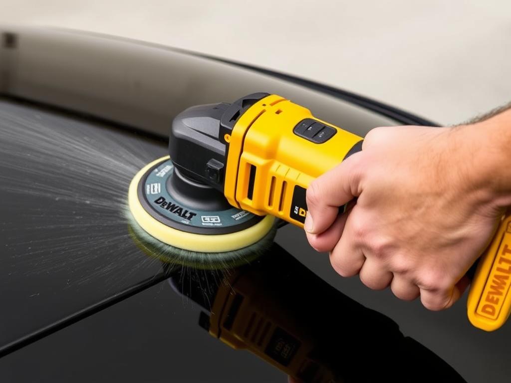 DeWALT DCM849B cordless polisher with yellow housing being used on a car roof