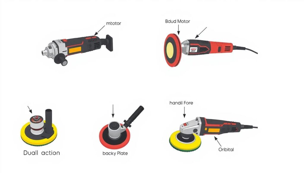Different types of car polisher machines with labeled parts and features