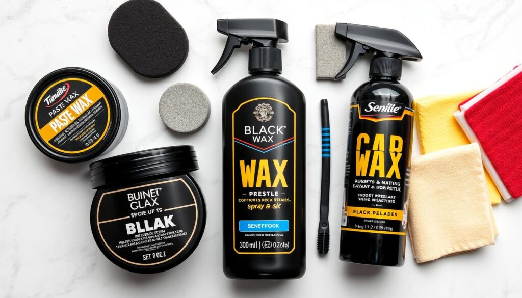 Different types of car wax products for black vehicles with application tools