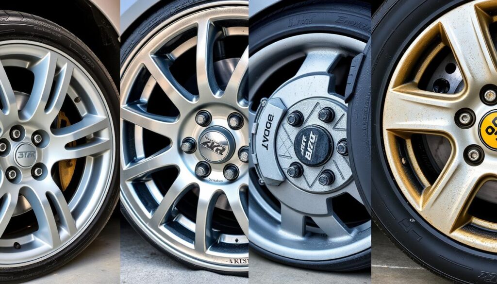 Different types of car wheels with various finishes and contamination levels